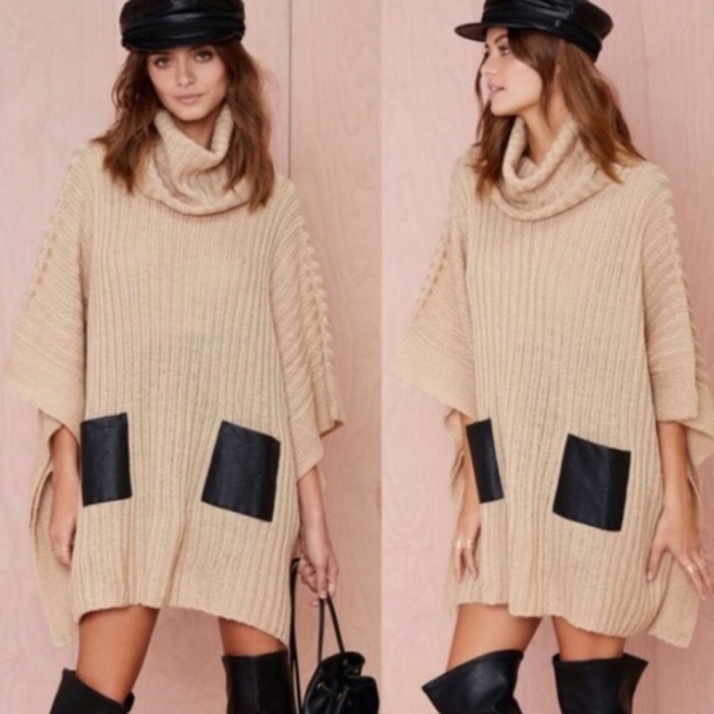 Nasty Gal Knit Poncho with Leather Pockets